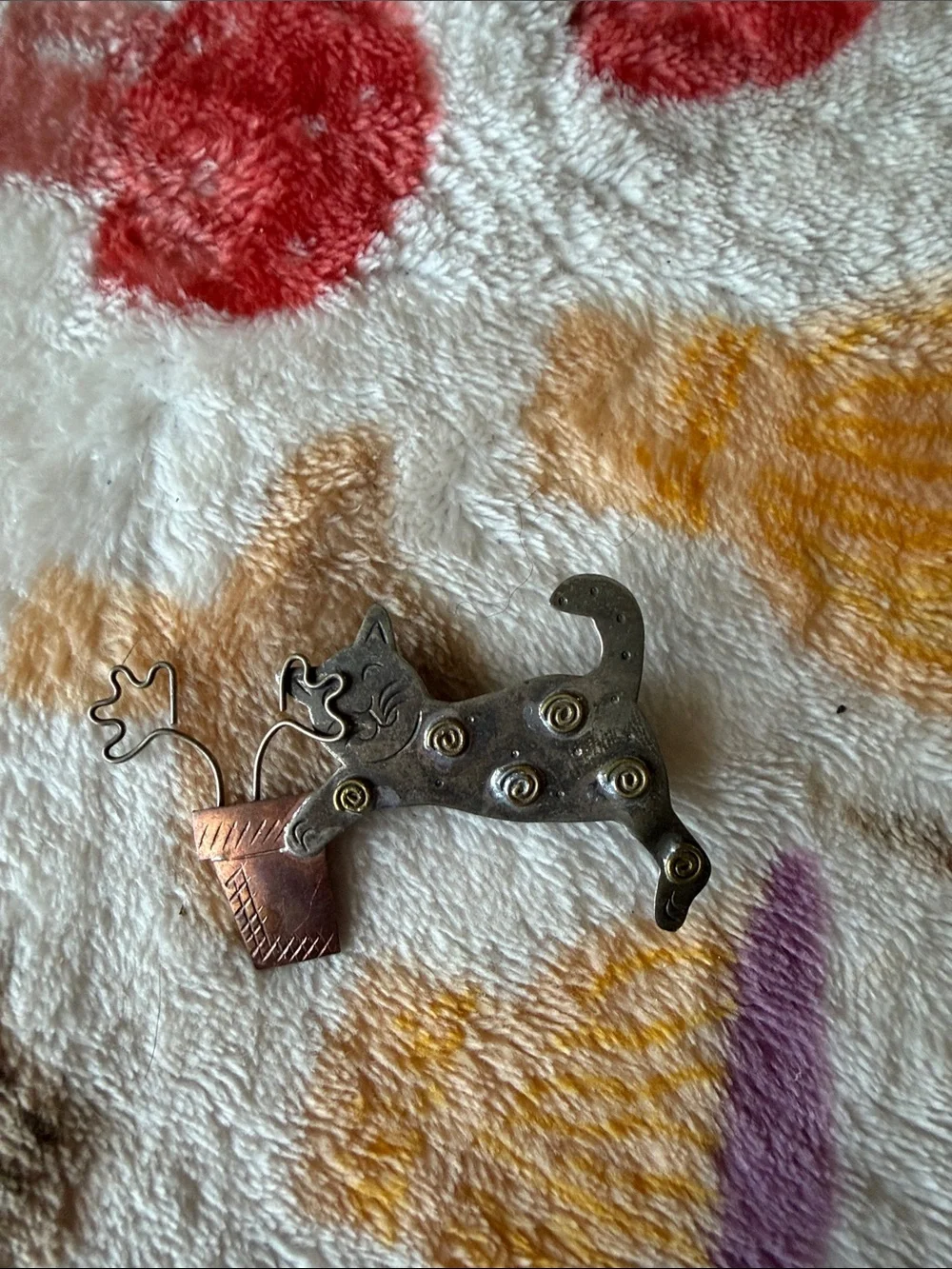 Whimsical Cat & Potted Plant Metal Pin - Gray and Copper Accent